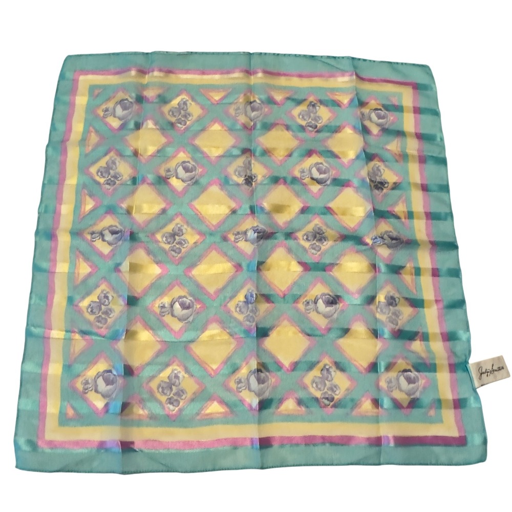 Jaclyn Smith Vintage Made in Italy Turquoise Floral Diamond Square Scarf 90s - Picture 1 of 7